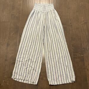 Rewash Pants Womens Medium Blue White Striped Linen Blend Smocked Waist Wide Leg